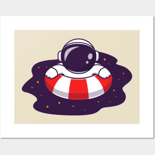 Cute Astronaut Swimming On Space Pool Cartoon Posters and Art